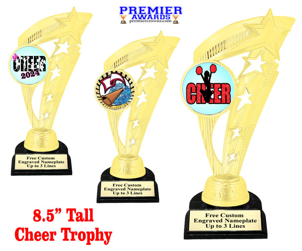 Cheer trophy with choice of cheer design.  Horseshoe shape base. Great for your squads, schools & competitions  ph113bl