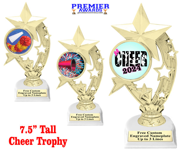 Cheer trophy with choice of cheer design.  Horseshoe shape base. Great for your squads, schools & competitions  h208