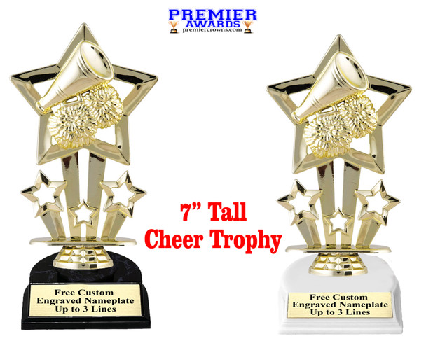 Cheer trophy with choice base color, horseshoe shape base.  Great for your squads, teams, schools, and more. 765