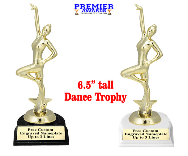 Dance trophy with choice base color, horseshoe shape base.  Great for your squads, teams, schools, and more. 664