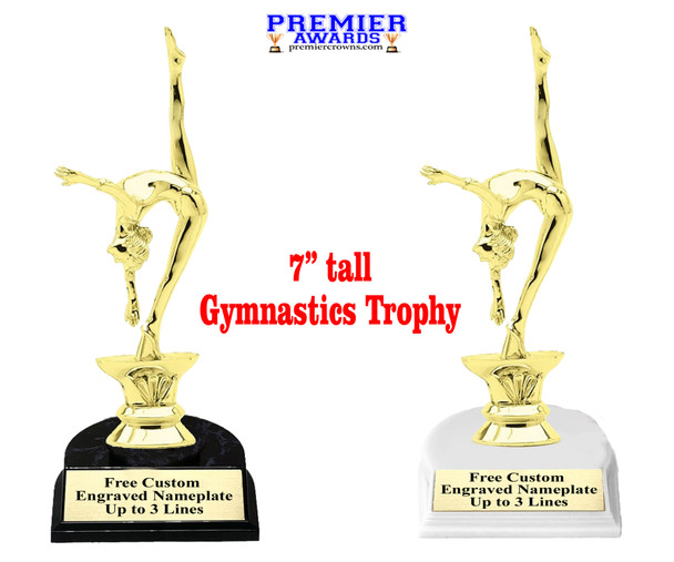 Gymnastics trophy with choice base color, horseshoe shape base.  Great for your squads, teams, schools, and more. f2401