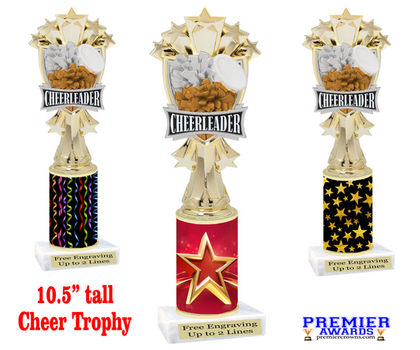 Cheer figure with on star/festive themed column. 10.5" tall  Great for your squads, contests or just for your favorite cheerleader. sub mf3265