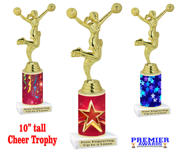 Cheer figure with on star/festive themed column. 10" tall  Great for your squads, contests or just for your favorite cheerleader. sub 7704