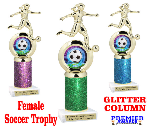 Female Soccer figure with Glitter column.   Great trophy for your soccer team, schools and rec departments - Glitter 5714