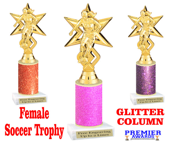 Female Soccer figure with Glitter column.   Great trophy for your soccer team, schools and rec departments - Glitter 7805