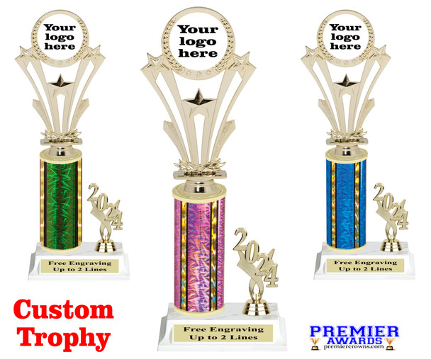 Custom trophy.  Add you logo or custom art work for a unique award.  Trophy heights starts at 10" tall. h416