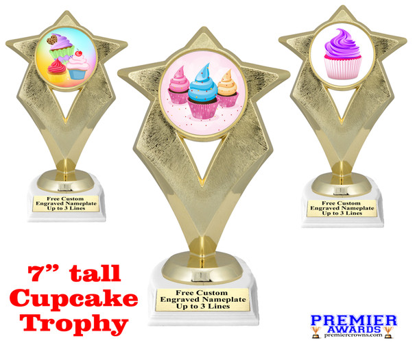 Cupcake themed trophy.  Choice of cupcake artwork.  Great for your Cupcake Wars, pageants, baking contests and more.  5086g