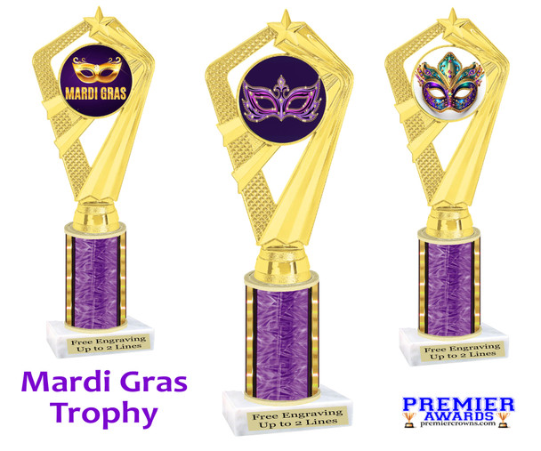 Mardi Gras Theme trophy.  Great trophy for your pageants, events, contests and more!   ph111 purple