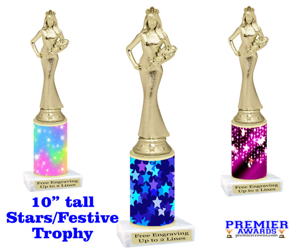 Queen figure with on star/festive themed column. 10" tall  Great for your pageants, festivals, contests or just for your favorite Queen.  Sr queen