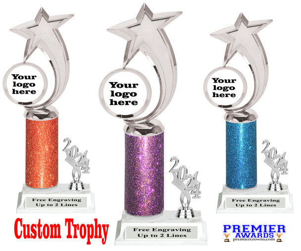 Custom glitter trophy with current year.  Add your logo or artwork for a unique award!  Numerous glitter colors and heights available - 6061s