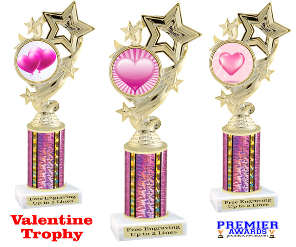 Valentine theme trophy.  Great trophy for your pageants, events, contests and more!  Pink column f649