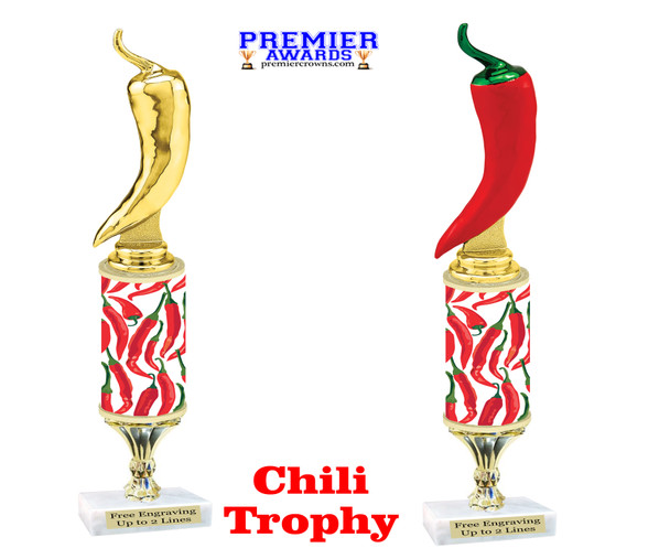 Chili themed trophy - great for your chili contests, BBQ competitions and more.  Height starts at 10" tall  sub