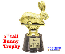 Bunny on black round base.  5" tall. Great for your Easter themed pageants, contests, competitions and more!