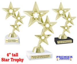 Star Trophy with choice of bases.  Great for your pageants, side awards, smaller titles and more!  Gold 3 stars