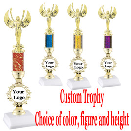 Custom Trophy.  Choice of column color, figure and trophy height.  Height starts at 14".  Upload your logo or custom art work.  (876)