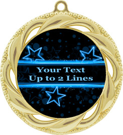 Customizable 2 3/4" gold medal.  Customize with your text.  Includes free back of medal engraving and neck ribbon