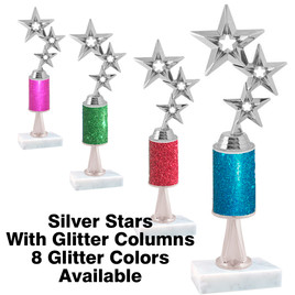 Glitter Column trophy  with pedestal.  Choice of glitter color,  trophy height and base.  Silver 3-star