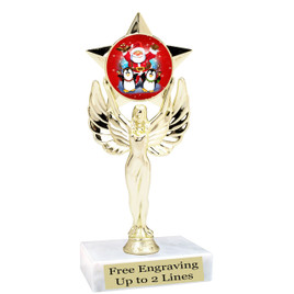 Santa and Penguins theme  trophy with choice of base.  6" tall  - mf1080