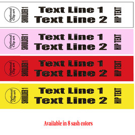 Glitter Flake Sash. HALF SASH.  36" or 42" long.  Numerous  sash colors, glitter colors and choice of size . This is NOT a wrap around sash.  Two Lines.  (half-004