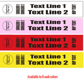 Glitter Flake Sash. HALF SASH.  36" or 42" long.  Numerous  sash colors, glitter colors and choice of size . This is NOT a wrap around sash.  Two Lines.  (half-006