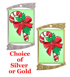 Rectangle Medal with Holiday - Winter theme art work.  Choice of gold or silver finish.  Includes free text on back  and neck ribbon.  (927 CC)