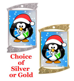 Rectangle Medal with Holiday - Winter theme art work.  Choice of gold or silver finish.  Includes free text on back  and neck ribbon.  (927 penguin