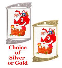 Rectangle Medal with Holiday - Winter theme art work.  Choice of gold or silver finish.  Includes free text on back  and neck ribbon.  (927 santa