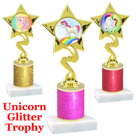 Unicorn theme trophy with Glitter Column.  Choice of base, trophy height, glitter color and art work.   (80106