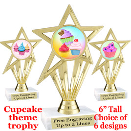 Cupcake themed trophy.  6" tall with choice of cupcake artwork.  Includes free engraved trophy plate   (ph30