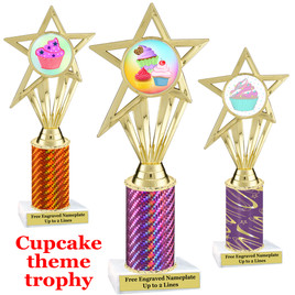 Cupcake Theme Trophy.  Choice of column color, trophy height, cupcake artwork and base!  ph30