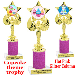 Cupcake trophy with Hot Pink Glitter column.  Choice of cupcake artwork and trophy height.  7517