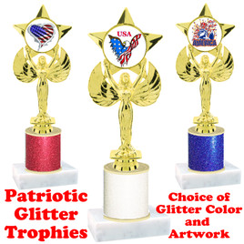 Patriotic theme trophy with glitter column.  Choice of artwork, glitter color and trophy height - 7517