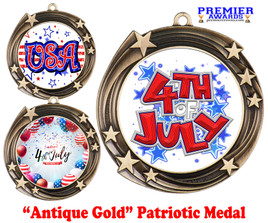 Patriotic Medal with choice of artwork. Antique Gold  2 3/4" medal includes free neck ribbon