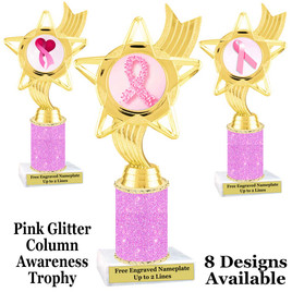 Awareness theme trophy.  Pink Glitter column with choice of art work.  Numerous heights available.  ph27