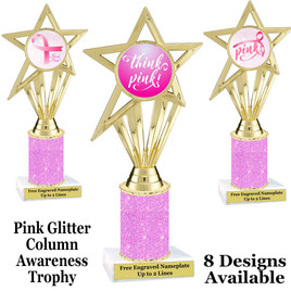 Awareness theme trophy.  Pink Glitter column with choice of art work.  Numerous heights available.  ph30