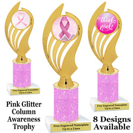 Awareness theme trophy.  Pink Glitter column with choice of art work.  Numerous heights available.  ph102