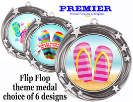 Flip Flop theme medal.  Antique Silver medal finish.  Choice of 6 designs. Includes free engraving and neck ribbon  (930s