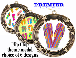 Flip Flop theme medal.  Antique Gold medal finish.  Choice of 6 designs. Includes free engraving and neck ribbon  (930g