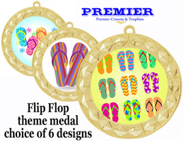 Flip Flop theme medal.  Gold medal finish.  Choice of 6 designs. Includes free engraving and neck ribbon  (935g