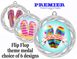 Flip Flop theme medal.  Silver medal finish.  Choice of 6 designs. Includes free engraving and neck ribbon  (938s