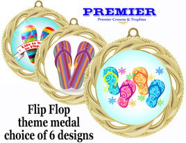 Flip Flop theme medal.  Gold medal finish.  Choice of 6 designs. Includes free engraving and neck ribbon  (938g