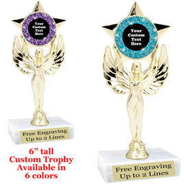 Custom trophy with sequin design artwork.  Choice of 6 colors.  6" tall.  (7517