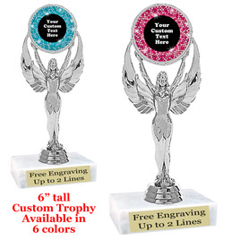 Custom trophy with sequin design artwork.  Choice of 6 colors.  6" tall.  (6010