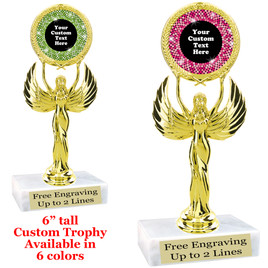 Custom trophy with sequin design artwork.  Choice of 6 colors.  6" tall.  (80087