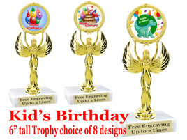 Kids Birthday theme trophy with choice of art work. Great party favor!  6" tall  (80087