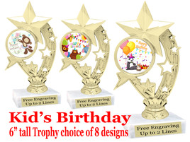  Kids Birthday theme trophy with choice of art work. Great party favor!  6" tall  (h208