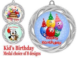 Kids Birthday  theme medal.  Choice of 8 designs.  Includes free engraving and neck ribbon.  (bday - 938s