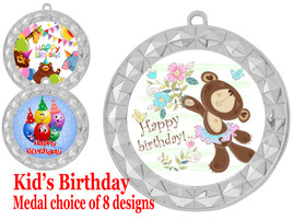 Kids Birthday  theme medal.  Choice of 8 designs.  Includes free engraving and neck ribbon.  (bday - 935s