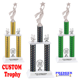 Custom  2 Column Trophy - Available in multiple heights and column colors.  Upload your logo.  Silver trim and figure. - holder w/mod victory