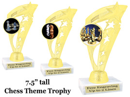 7  1/2" tall chess theme trophy.  Great for competitions, game nights or your favorite player